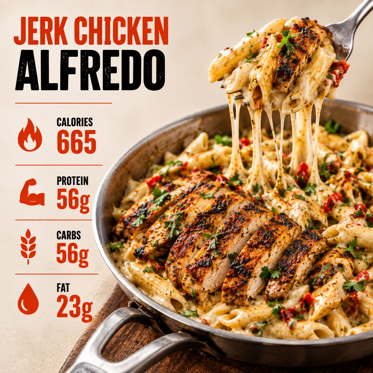 Jerk Chicken Alfredo — 665 calories, 56g protein